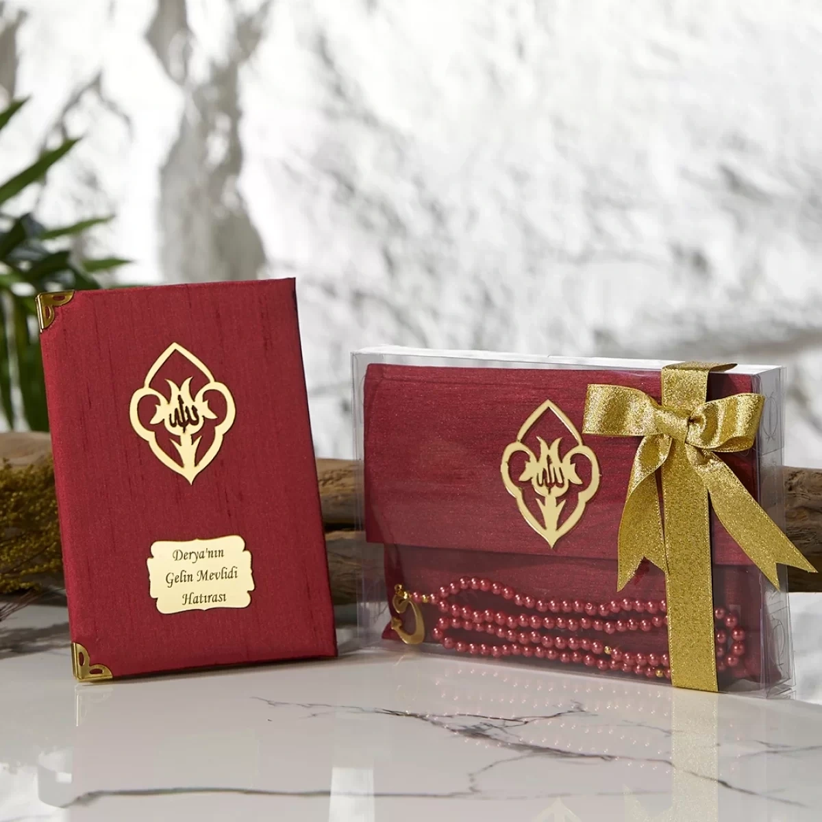 Asetat Kutulu Şantuk Kumaş Kaplı Çanta İçerisinde İnci Tesbihli Bordo Renkli Şantuk Yasin Kitabı Seti