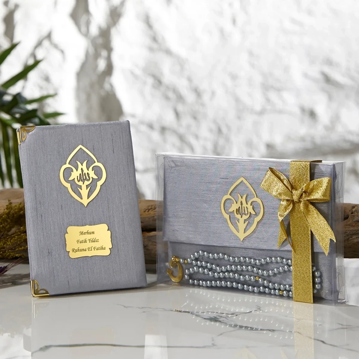 Asetat Kutulu Şantuk Kumaş Kaplı Çanta İçerisinde İnci Tesbihli Gri Renkli Şantuk Yasin Kitabı Seti