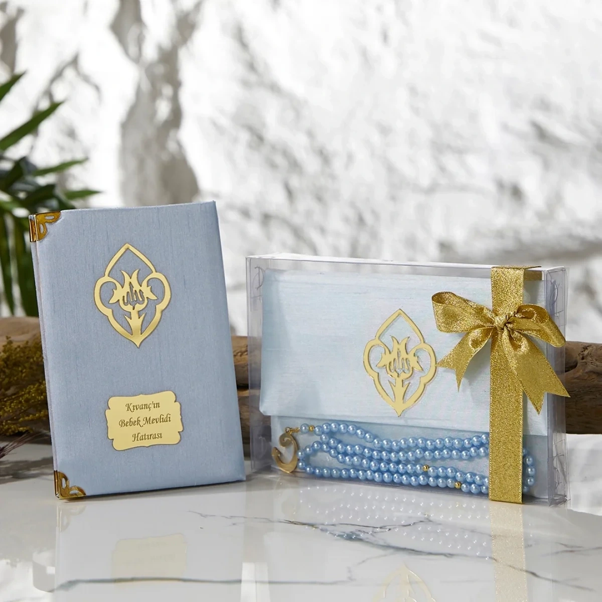 Asetat Kutulu Şantuk Kumaş Kaplı Çanta İçerisinde İnci Tesbihli Mavi Renkli Şantuk Yasin Kitabı Seti