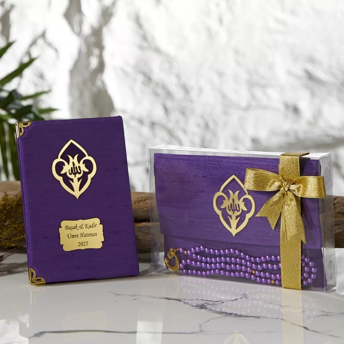 Asetat Kutulu Şantuk Kumaş Kaplı Çanta İçerisinde İnci Tesbihli Mor Renkli Şantuk Yasin Kitabı Seti