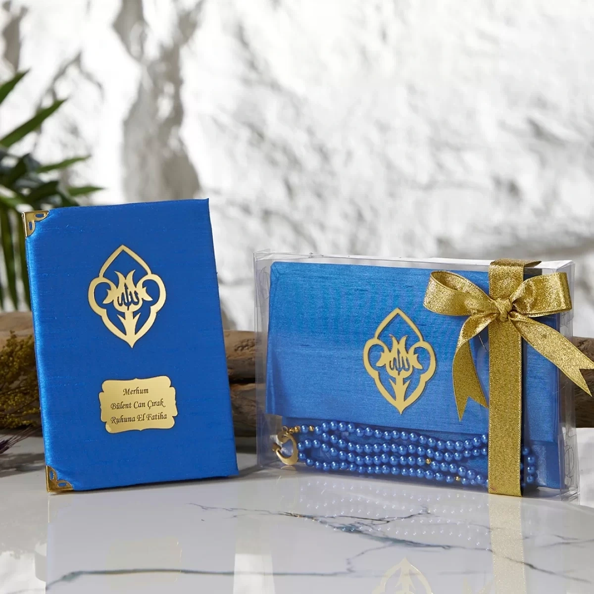 Asetat Kutulu Şantuk Kumaş Kaplı Çanta İçerisinde İnci Tesbihli Saks Mavisi Renkli Şantuk Yasin Kitabı Seti
