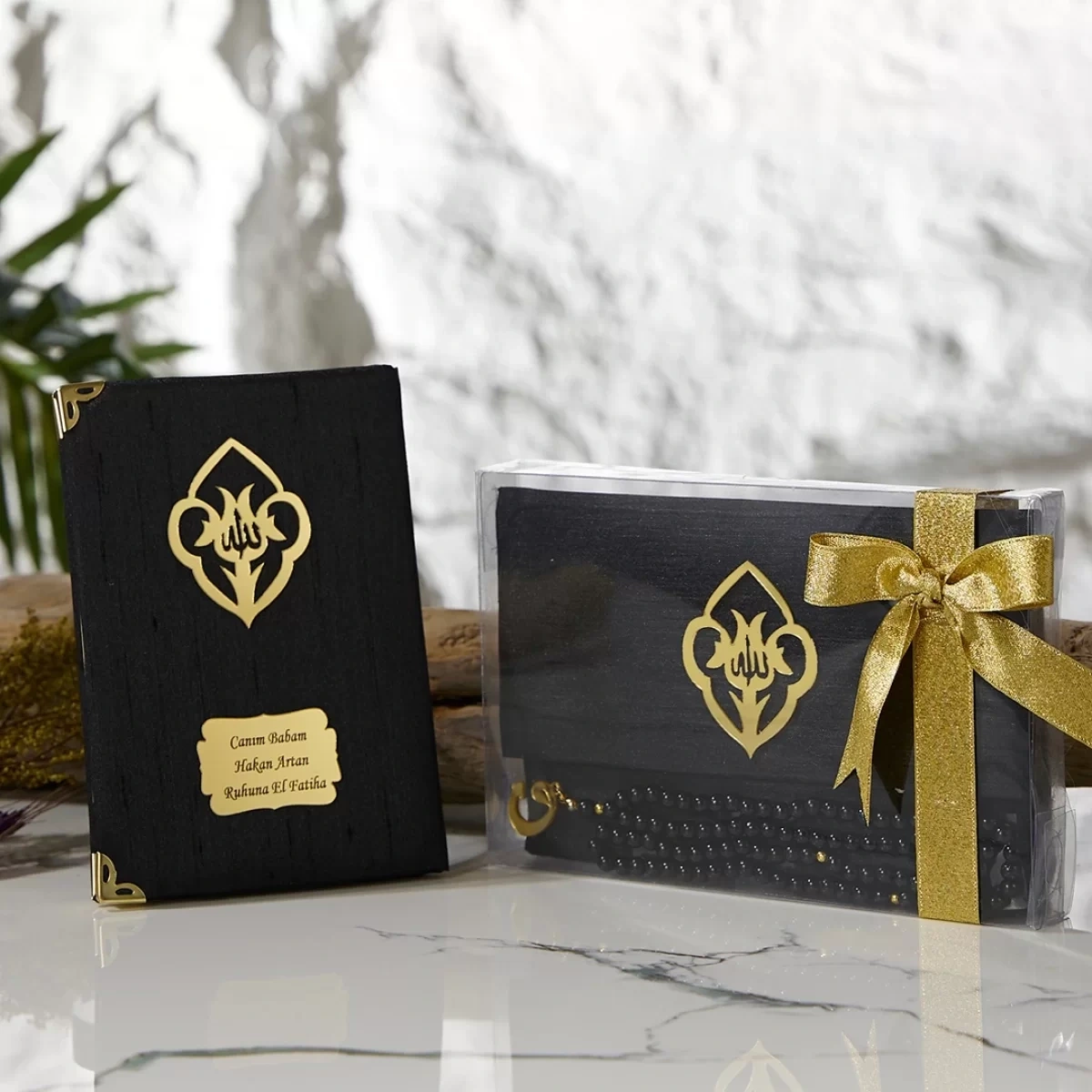 Asetat Kutulu Şantuk Kumaş Kaplı Çanta İçerisinde İnci Tesbihli Siyah Renkli Şantuk Yasin Kitabı Seti