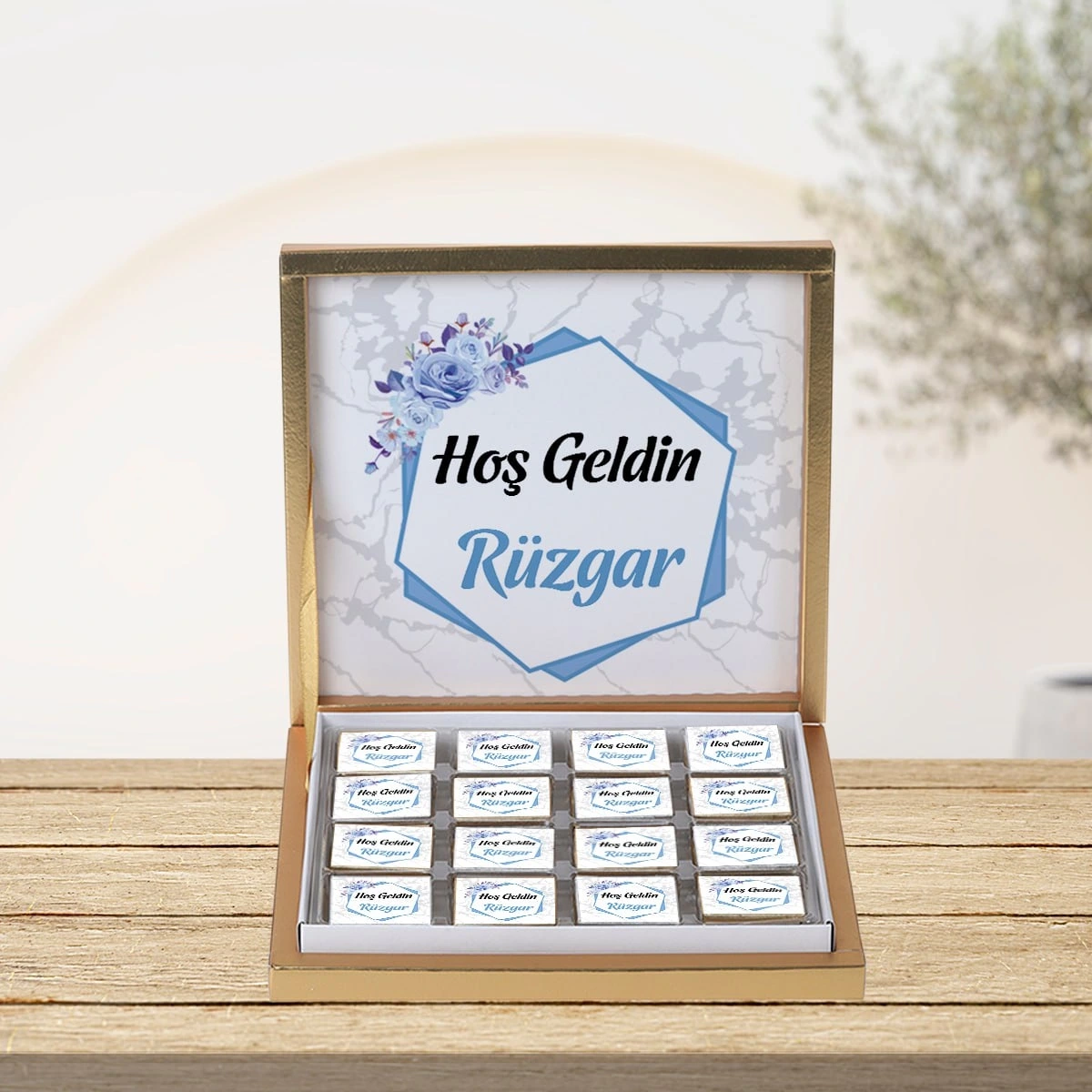 Mavi Altıgen Çikolata Kutusu 48li