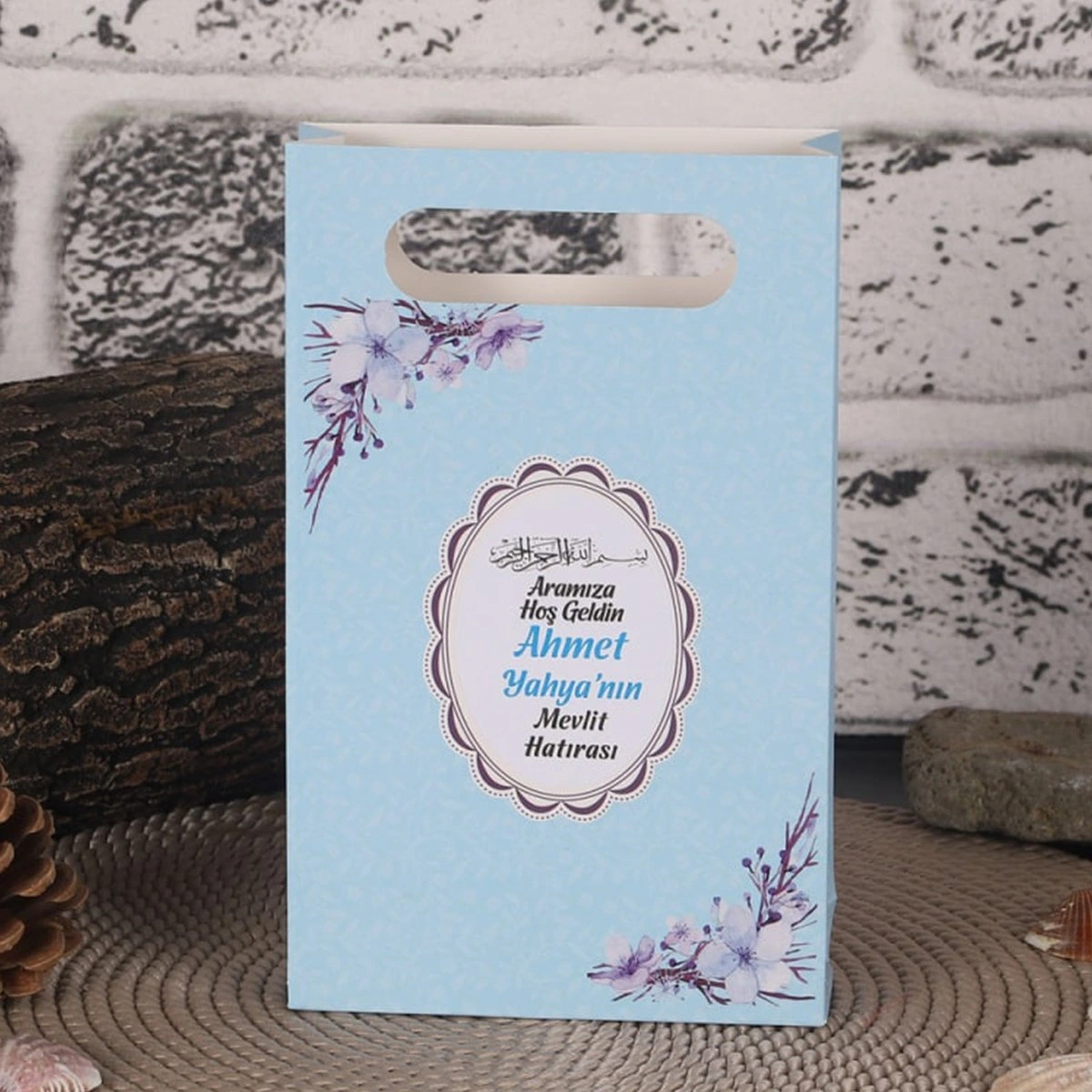 64 Sayfa Çiçek Mavi Karton Çanta