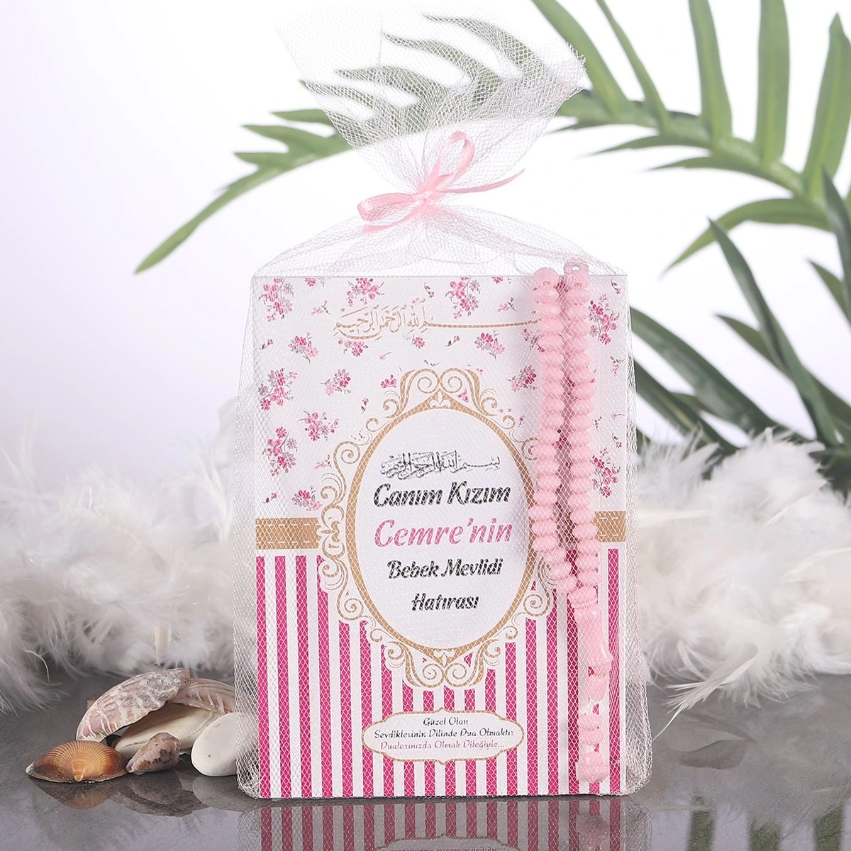 Çizgi Pembe Tül Kese + Yasin + Tesbih