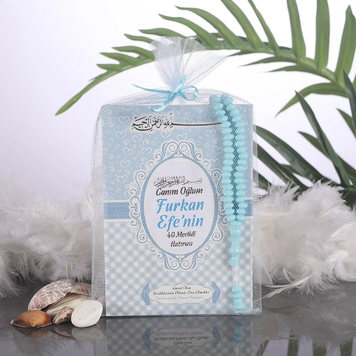 Kalp Mavi Tül Kese + Yasin + Tesbih