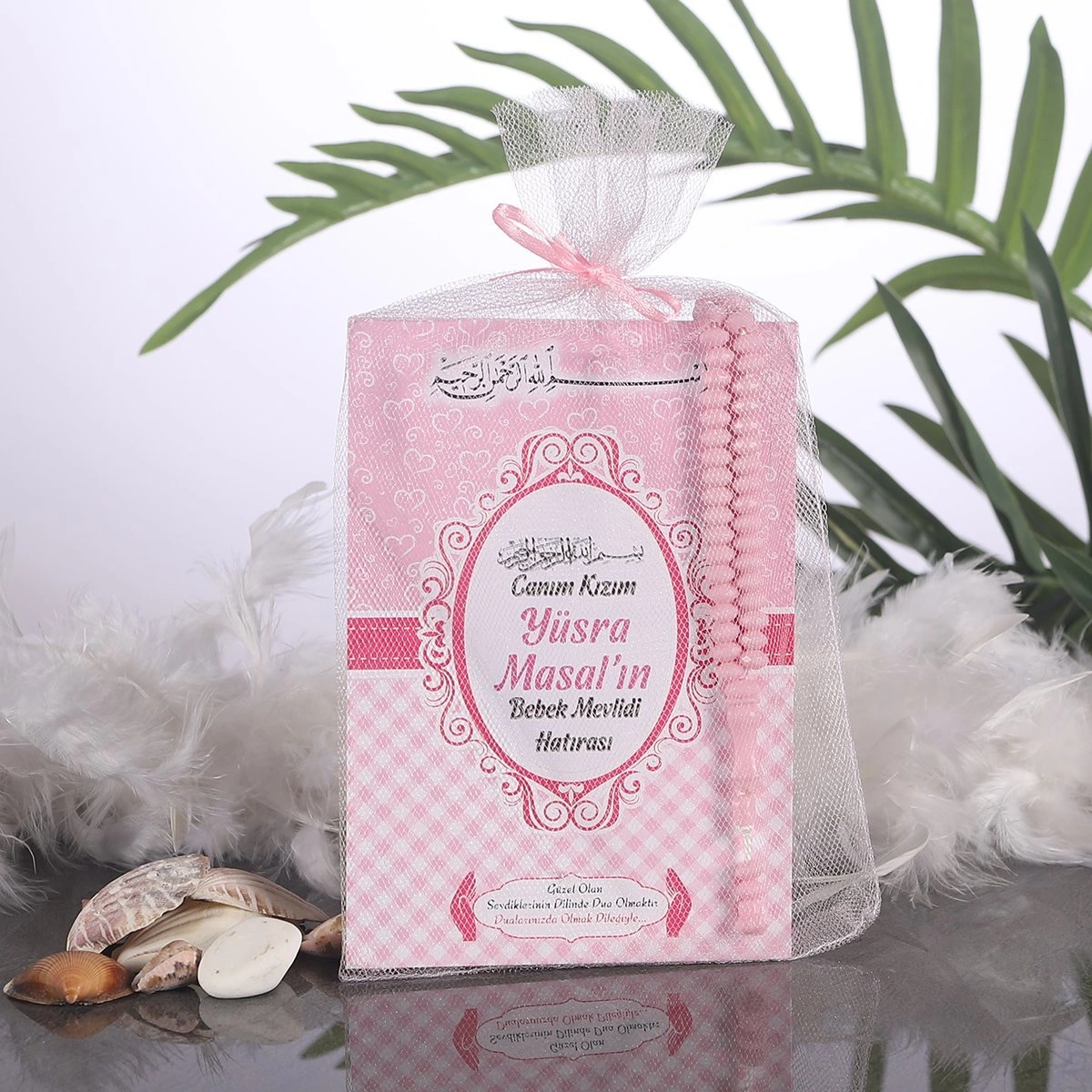 Kalp Pembe Tül Kese + Yasin + Tesbih