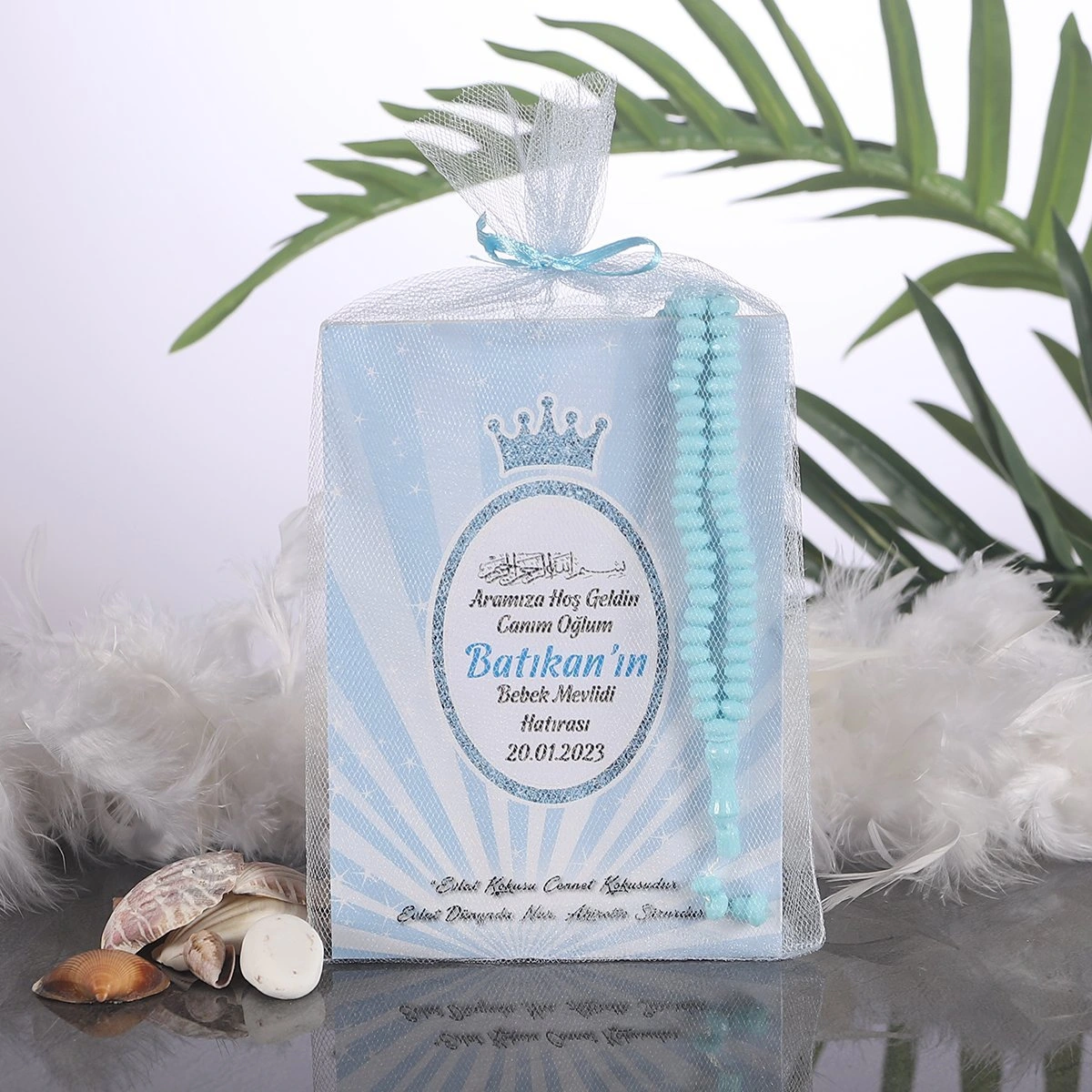 Taç Mavi Tül Kese + Yasin + Tesbih