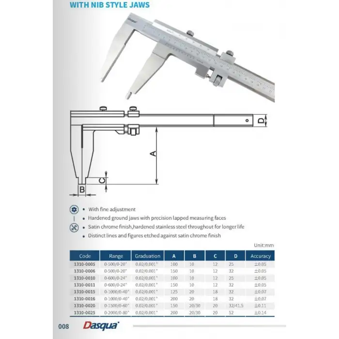 Dasqua 1310-0020 0-1500mm Tek Çene Mekanik Kumpas 0,02 Çene Boyu 150mm