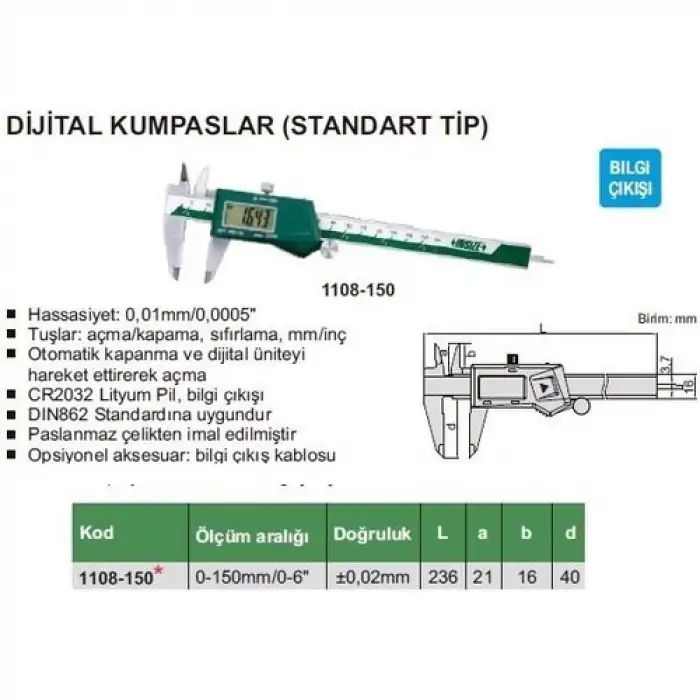 İnsize 1108 Dijital Kumpas 150mm