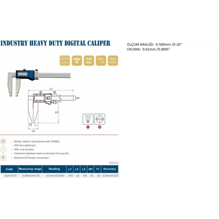 Dasqua 500mm Dijital Kumpas IP54, Bilgi Çıkışlı, Paslanmaz Çelik 2220-8110