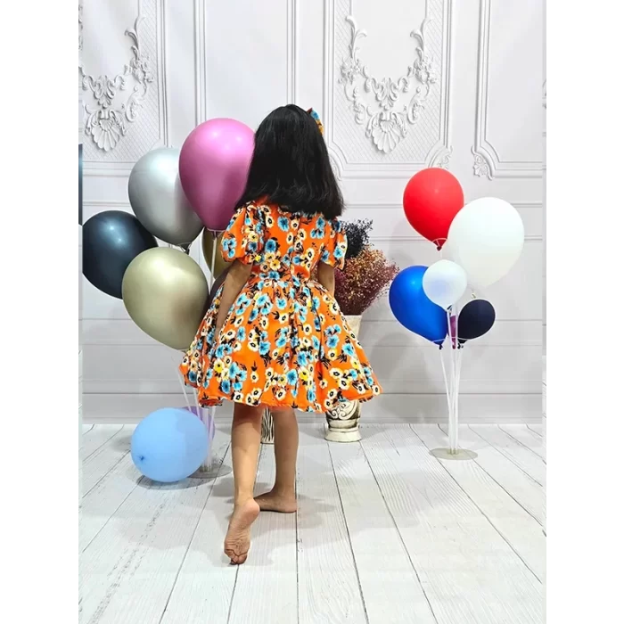 Kız Çocuk Turuncu Çiçek Desenli Kısa Balon Kol Günlük Elbise