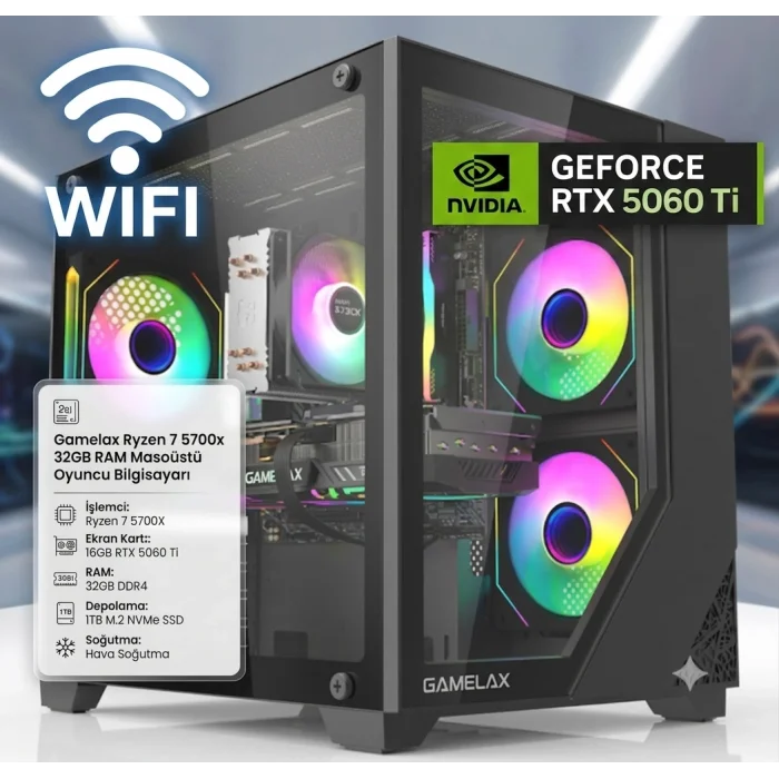 Gamelax Cber5700x Ryzen 7 5700x 32GB Ram 1TB M.2 NVMe SSD 16GB RTX5060 Ti Masaüstü Oyuncu Bilgisayarı Oem Paket