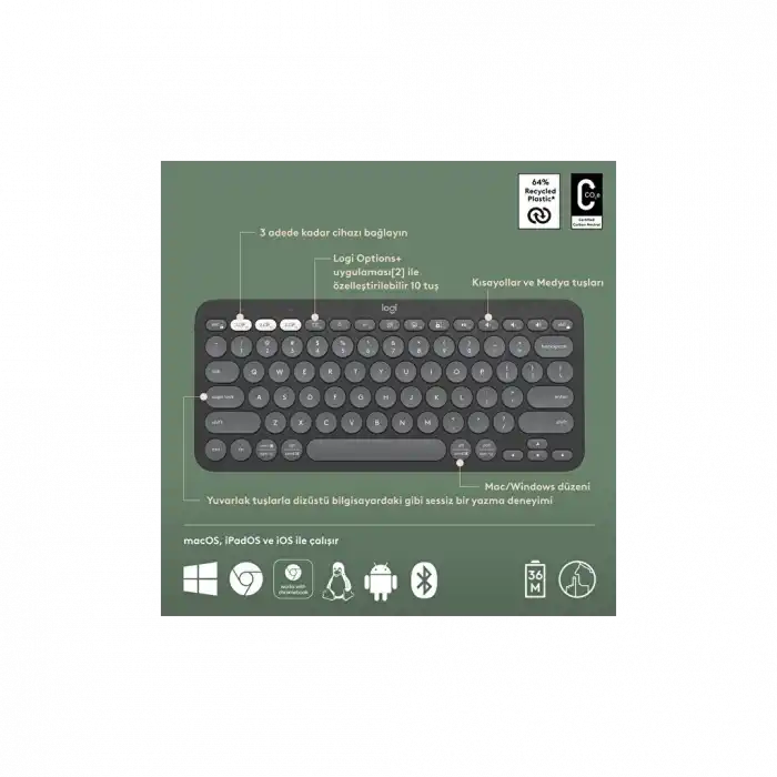 LOGITECH K380S, Pebble Keys 2,  Siyah, 920-011859, Bluetooth, Türkçe, Q, Multimedya, Mini Klavye