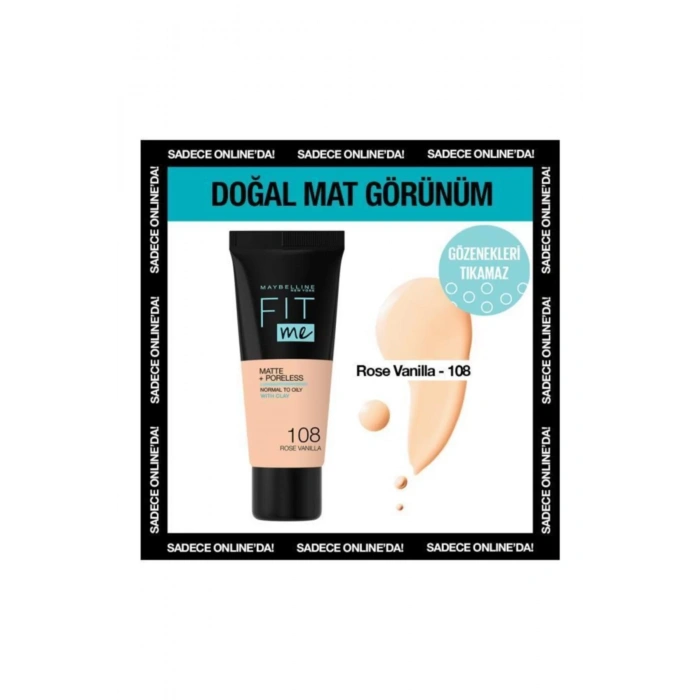 Maybelline New York Mat Fondöten - Fit Me Matte + Poreless Foundation 108 Rose Vanilla