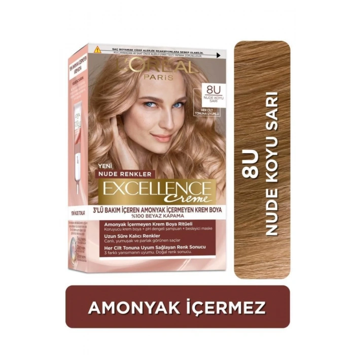Loreal Paris Excellence Creme Nude Renkler Saç Boyası – 8u Nude Koyu Sarı