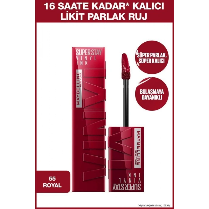 Maybelline Super Stay Vinyl Ink Uzun Süre Kalıcı Likit Parlak Ruj 55 Royal