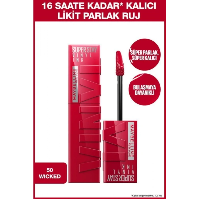 Maybelline Super Stay Vinyl Ink Uzun Süre Kalıcı Likit Parlak Ruj 50 Wicked