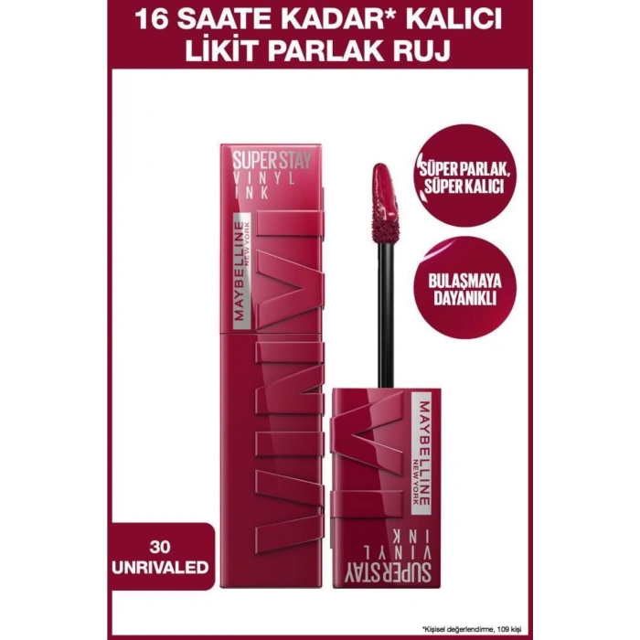 Maybelline Super Stay Vinyl Ink Uzun Süre Kalıcı Likit Parlak Ruj 30 Unrivaled