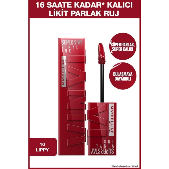 Maybelline Super Stay Vinyl Ink Uzun Süre Kalıcı Likit Parlak Ruj 10 Lippy