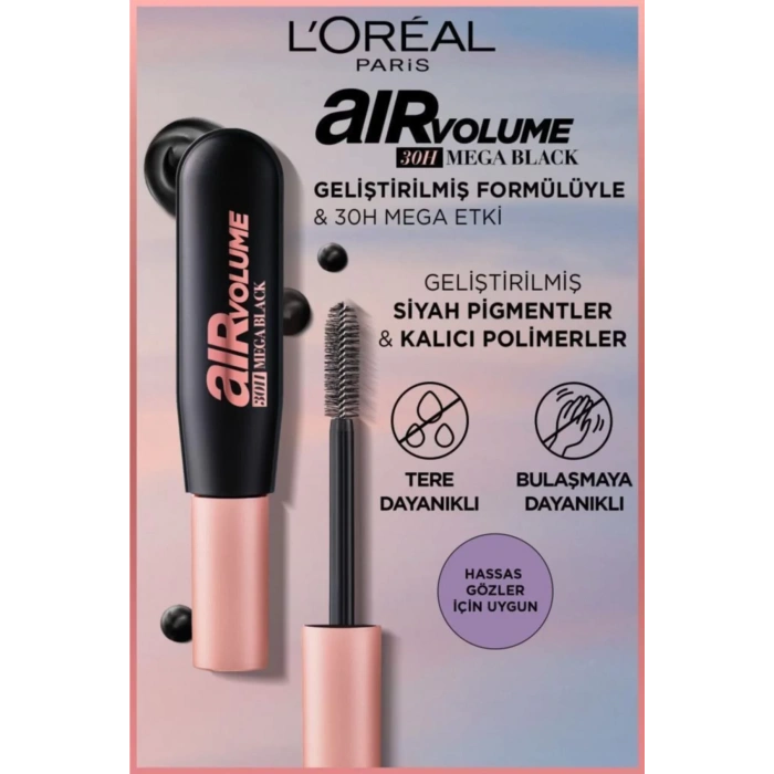 Loreal Paris Air Mega Volume Maskara - 30 Saate Kadar Kalıcı - Ekstra Siyah