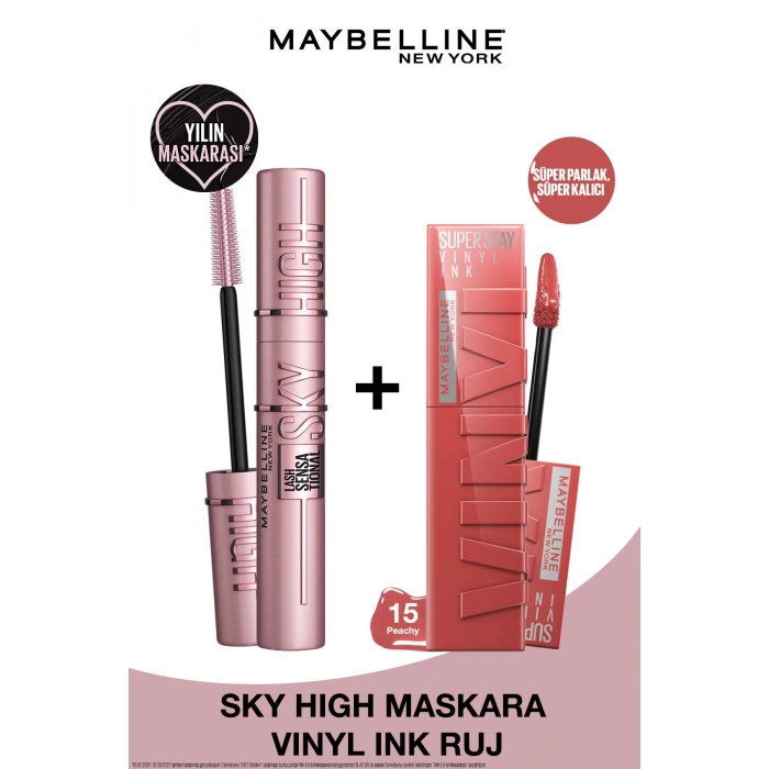 Maybelline New York Lash Sensational Sky High Maskara & Super Stay Vinyl Ink Uzun Süre Kalıcı Likit Parlak Ruj 15 Peachy