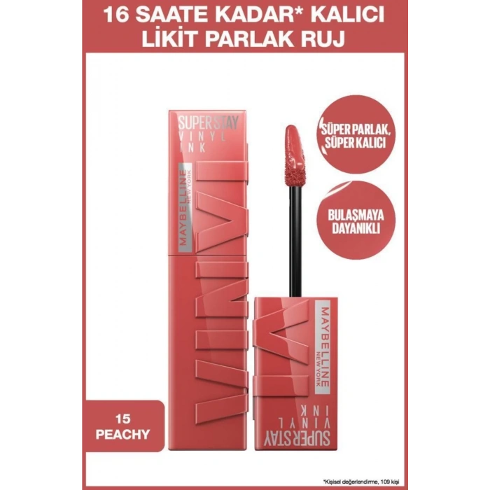 Maybelline New York Lash Sensational Sky High Maskara & Super Stay Vinyl Ink Uzun Süre Kalıcı Likit Parlak Ruj 15 Peachy