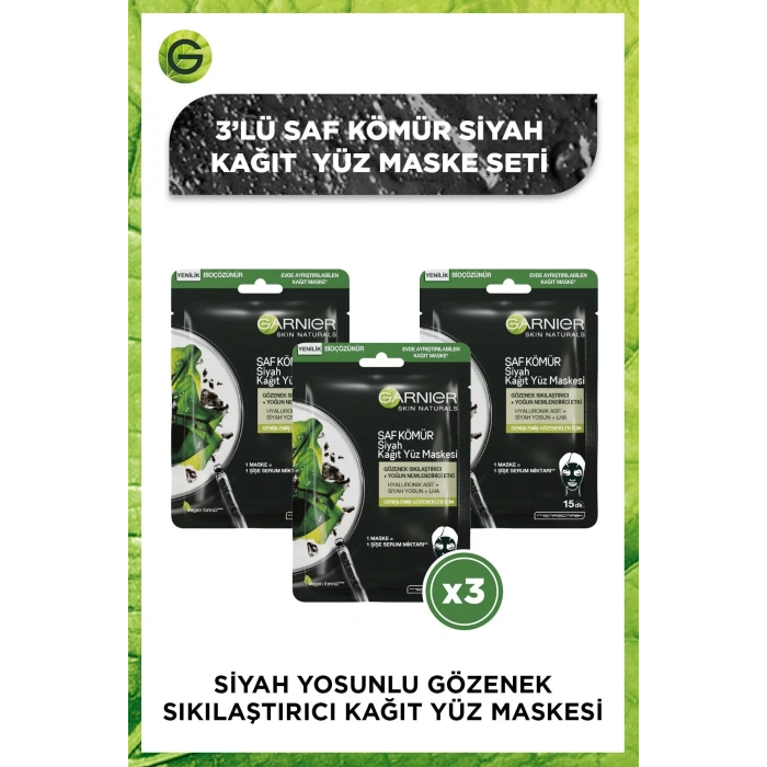 Garnier Siyah Yosunlu Gözenek Sıkılaştırıcı Kağıt Yüz Maskesi 3lü Set