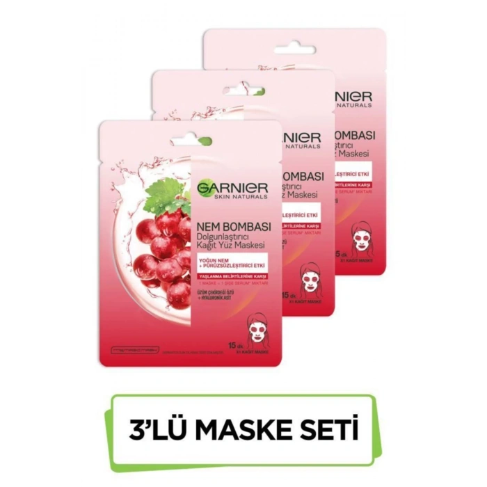 Garnier Nem Bombası Dolgunlaştırıcı Kağıt Yüz Maskesi 3lü Set