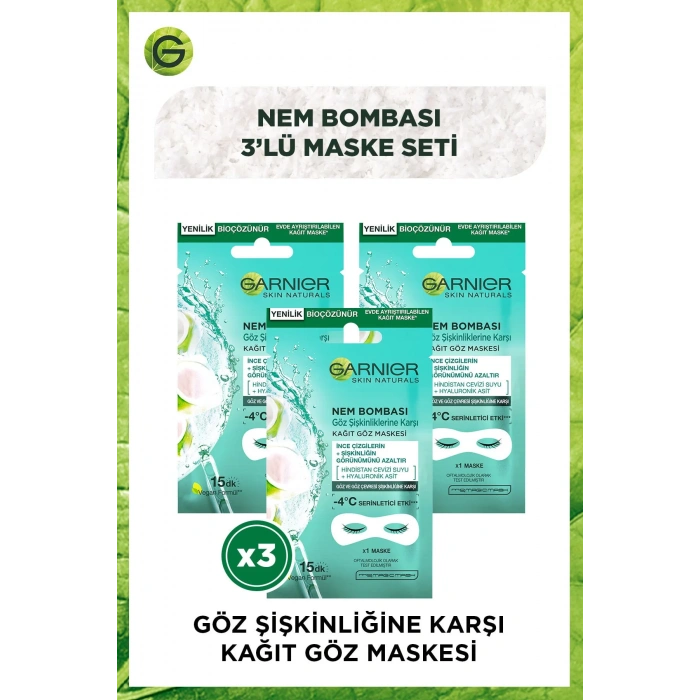 Garnier Göz Şişkinliğine Karşı Kağıt Göz Maskesi Hindistan Cevizi Suyu 3lü Set