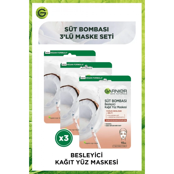 Garnier Süt Bombası Besleyici Kağıt Yüz Maskesi Hindistan Cevizi 3lü Set