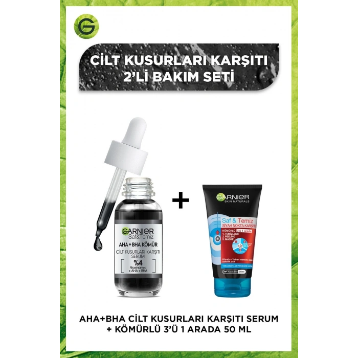 Garnier AHA+BHA Cilt Kusurları Karşıtı Siyah Serum 30 ml + Kömürlü 3ü 1 Arada Seyahat Boy 50 ml