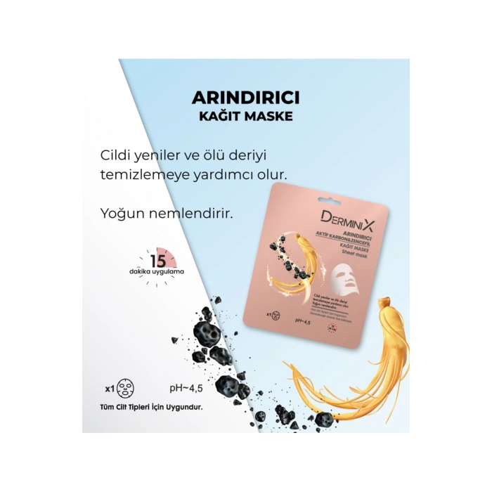 Derminix Arındırıcı Aktif Karbon ve Zencefil içeren Yüz Kağıt Maskesi
