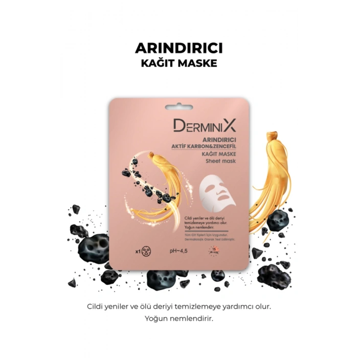 Derminix Arındırıcı Aktif Karbon ve Zencefil içeren Yüz Kağıt Maskesi