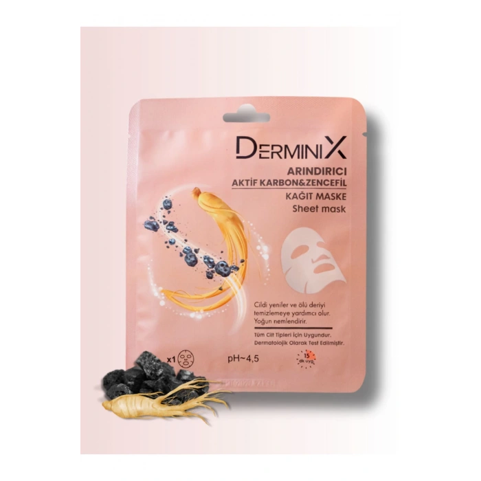 Derminix Arındırıcı Aktif Karbon ve Zencefil içeren Yüz Kağıt Maskesi