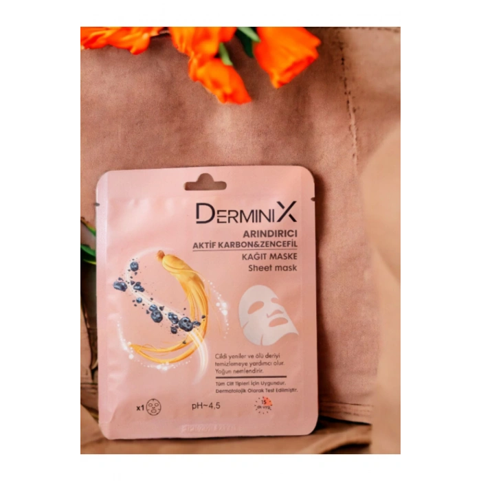Derminix Arındırıcı Aktif Karbon ve Zencefil içeren Yüz Kağıt Maskesi