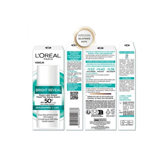 Loreal Paris Bright Reveal Spf 50+ Koyu Leke Karşıtı Fluid Günlük Yüz Güneş Kremi 50ml