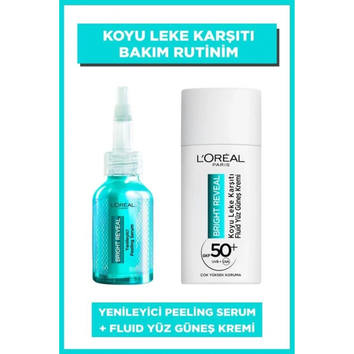 Loreal Paris Bright Reveal SPF 50+ Koyu Leke Karşıtı Yüz Güneş Kremi & Yenileyici Peeling Serum Seti