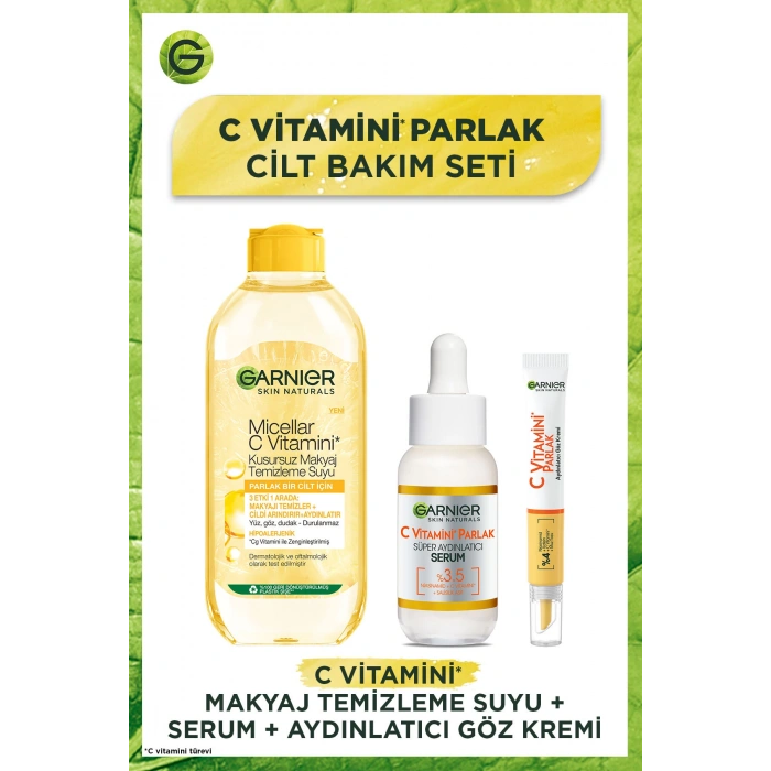 Garnier C Vitamini Parlak Aydınlatıcı Göz Kremi 15 ml + Süper Aydınlatıcı Serum 30 ml + Makyaj Temizleme Suyu