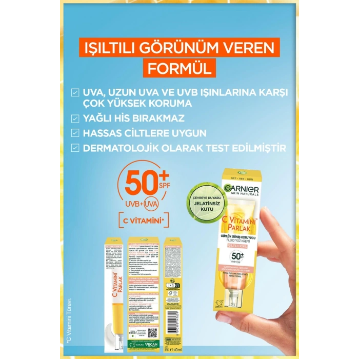 Garnier C Vitamini Parlak Günlük Uv Korumalı Güneş Yüz Kremi Spf50 Işıltılı Doku 40ml