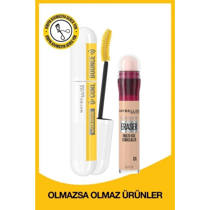 Maybelline New York Colossal Curl Bounce Maskara & Instant Anti Age Eraser Kapatıcı 01 Light 2li Göz Makyajı Seti