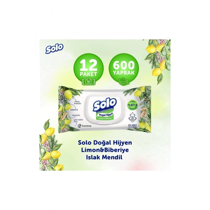 Solo Doğal Hijyen Limon & Biberiye Islak Mendil 12li 600 Yaprak