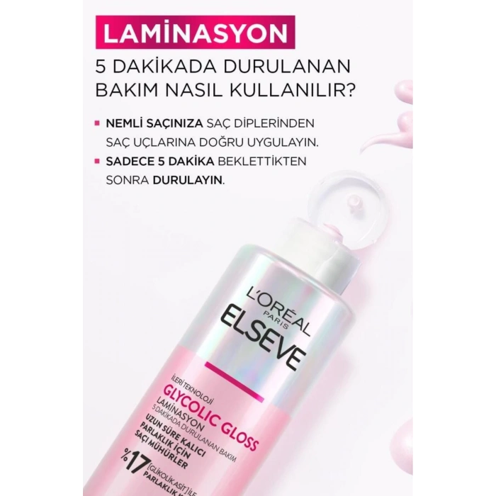 Elseve Glycolic Gloss Parlaklığı Saça Mühürleyen Laminasyon 5 Dakikada Durulanan Bakım 200 ml