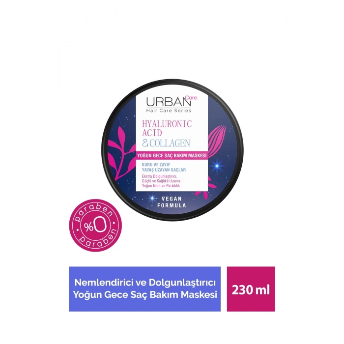 Urban Care Hyaluronik Asit & Kolajen Kuru Ve Cansız Saçlara Özel Yoğun Gece Saç Bakım Maskesi - Vegan - 230 ml