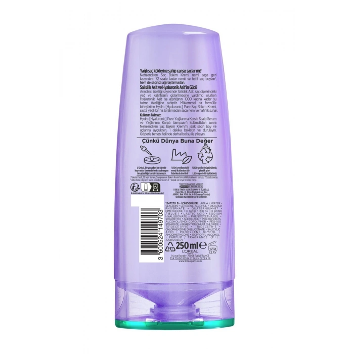 Elseve Hydra [hyaluronic] Pure Salisilik Asit Içeren Yağlanma Karşıtı Nemlendirici Saç Kremi 250 ml