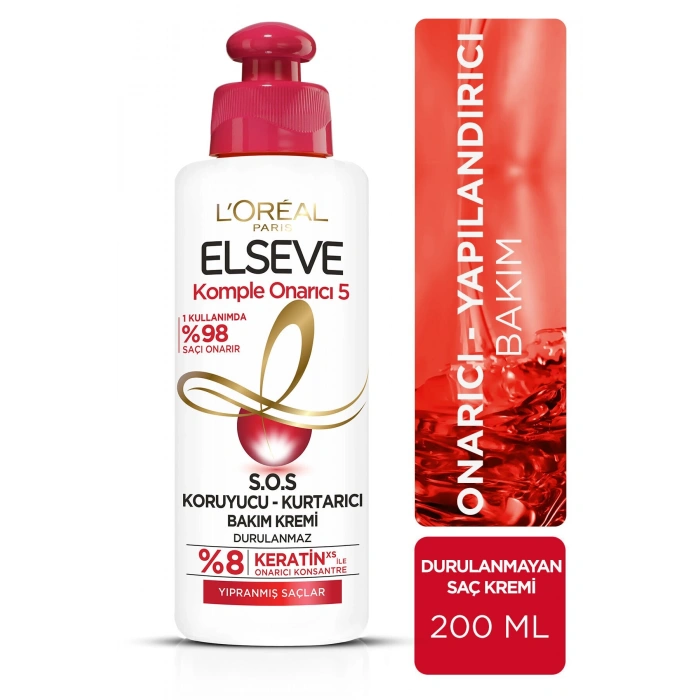 Elseve Komple Onarıcı 5 Yıpranmış Saçlar İçin Keratin İçeren S.O.S Koruyucu - Kurtarıcı Bakım Kremi - 200 ml