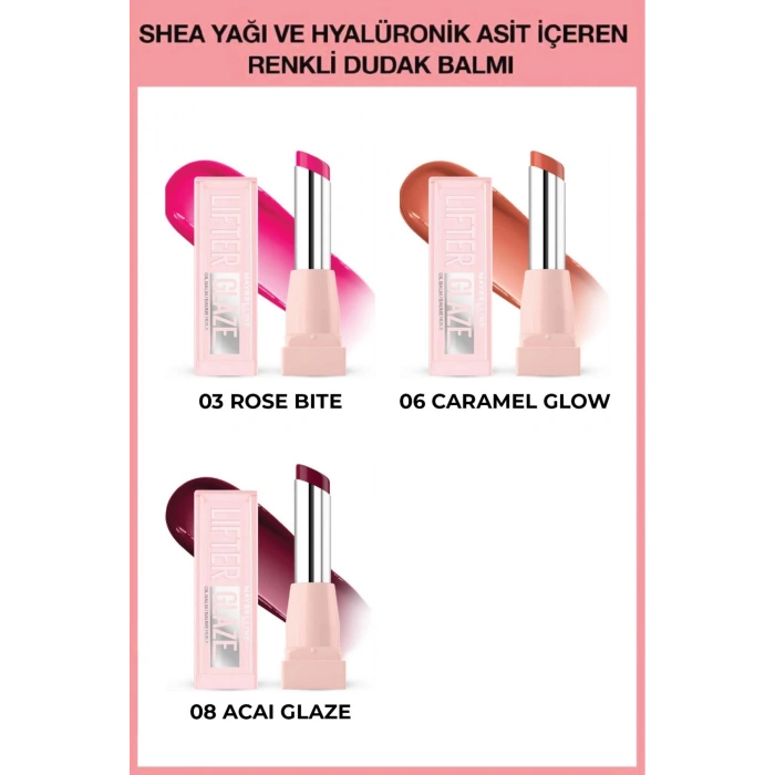 Lifter Glaze Shea Yağı ve Hyalüronik Asit içeren Renkli Dudak Balmı 03 - 06 - 08