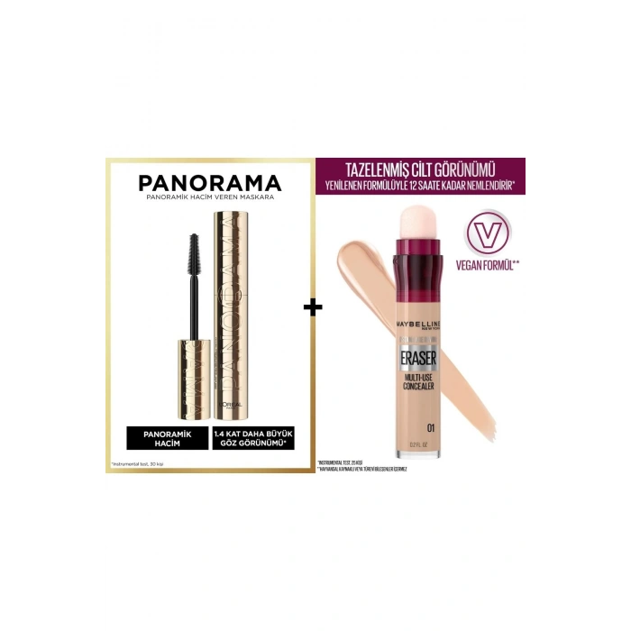 Loreal Paris Panorama Hacim Veren Maskara Siyah & Instant Anti Age Eraser Kapatıcı-01 Light 2li Göz Makyajı Seti