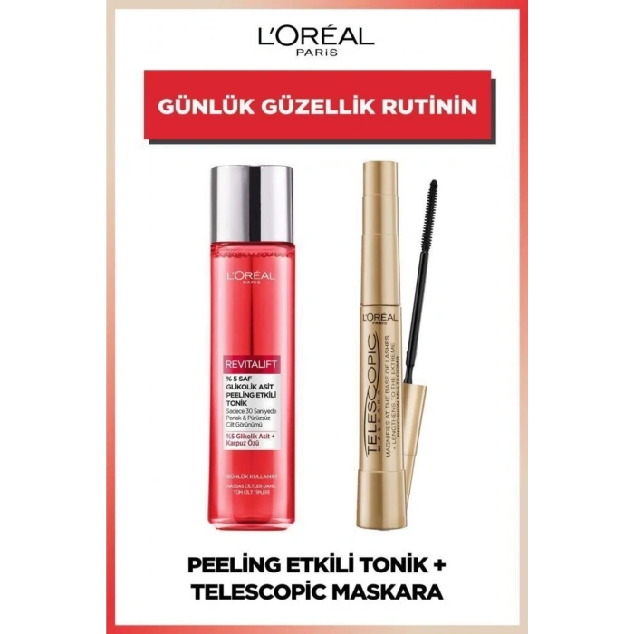 Loreal Paris Revitalift %5 Saf Glikolik Asit Peeling Etkili Tonik 180 ml & Telescopic Siyah Maskara