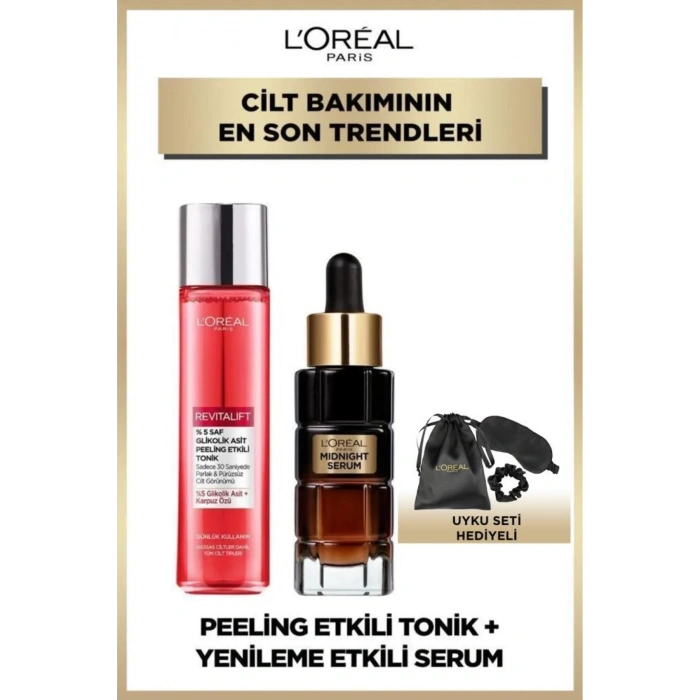 Loreal Paris Revitalift %5 Saf Glikolik Asit Peeling Etkili Tonik & Midnight Serum 30 ml & Uyku Seti